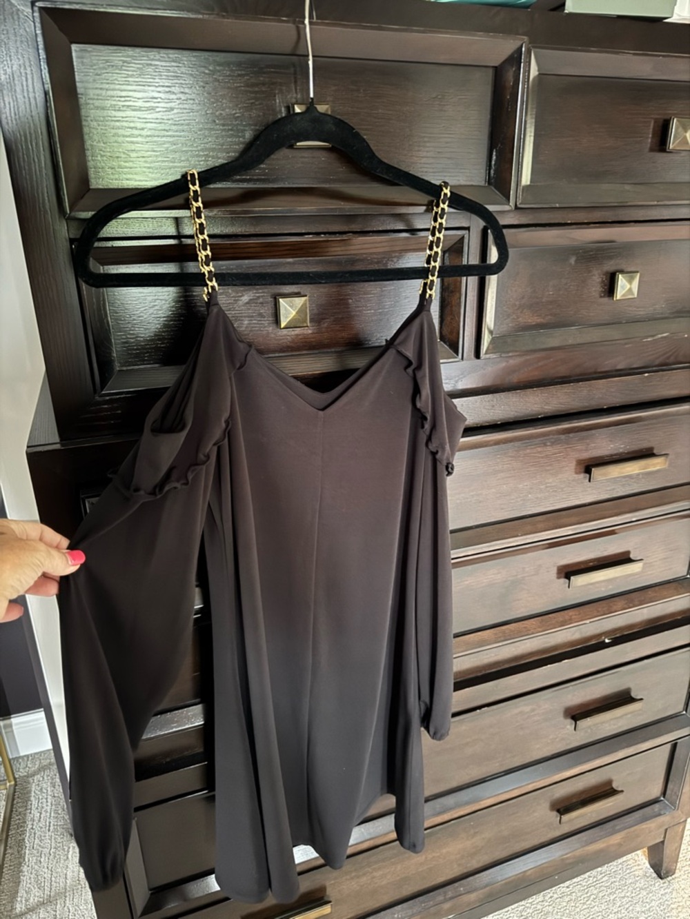 MICHAEL Michael Kors Black Cold-Shoulder Dress with Gold Chain Straps